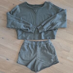 Aerie Pine Green Cropped Sweatshirt and Shorts Set